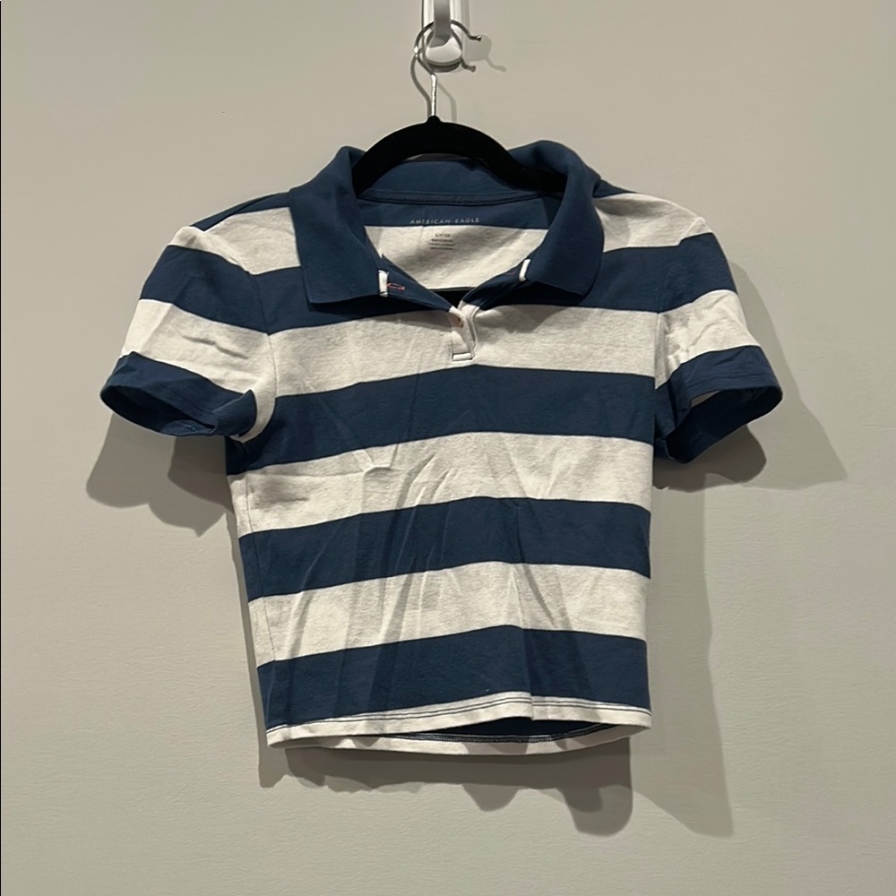 American Eagle Navy and White Striped Cropped Polo Shirt